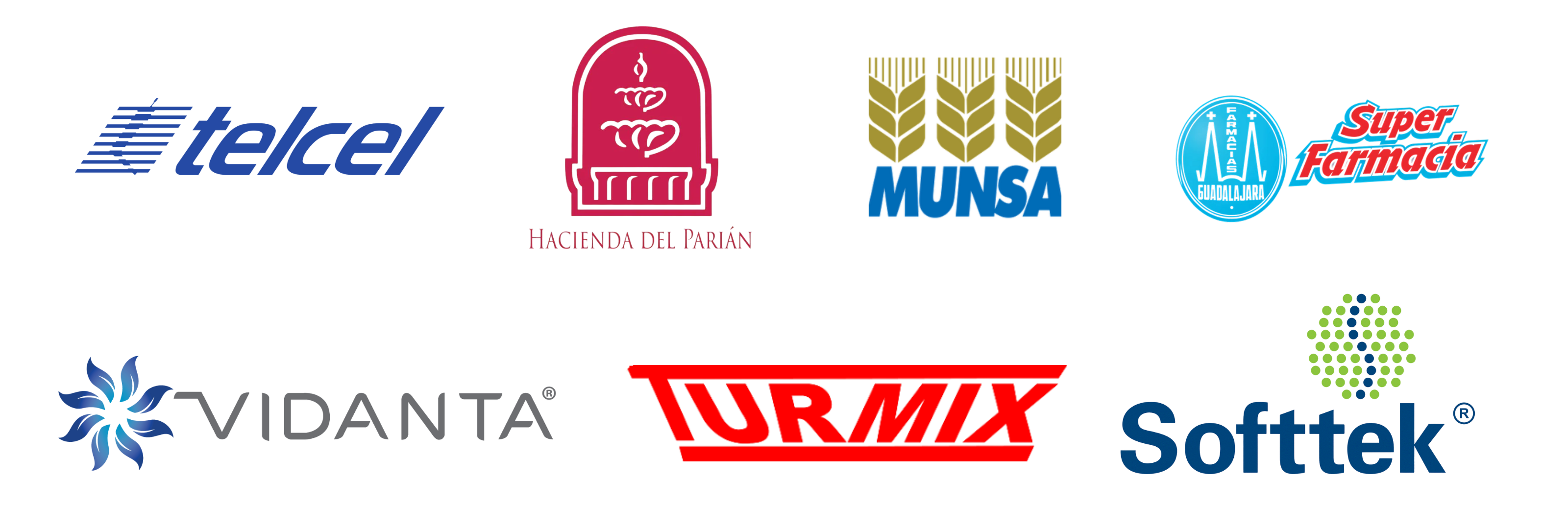 Logos de empresas clientes: Telcel, Hacienda del Parián, MUNSA, Super Farmacia Guadalajara, Vidanta, TURMIX, Softtek